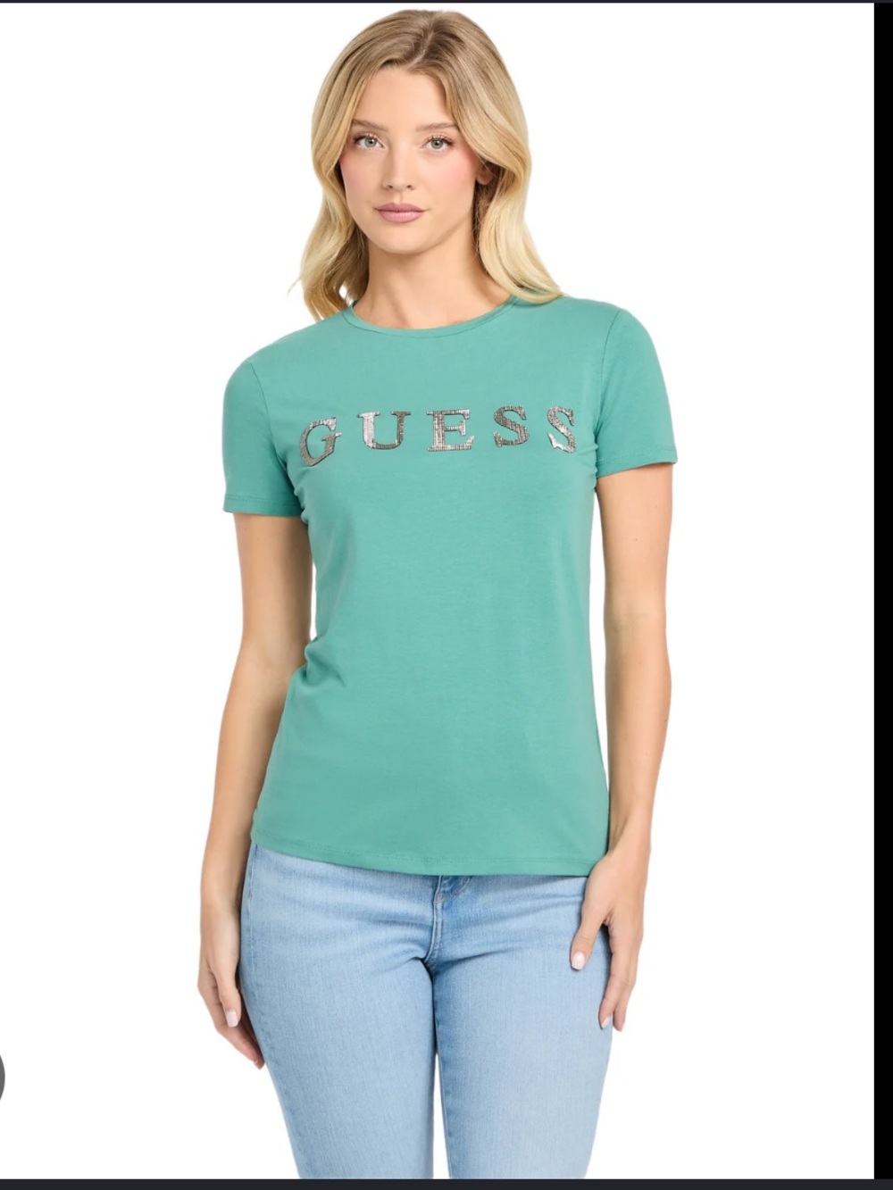 GUESS Factory Pepper Rhinestone Logo Tee Green Size M
